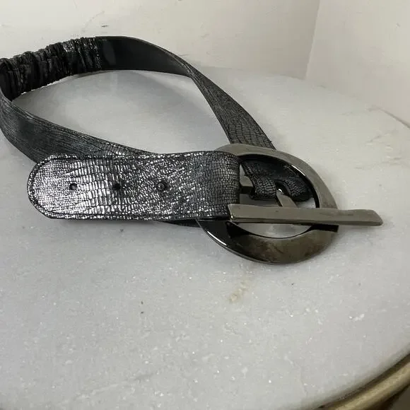 Sandy Duftler Designs Belt Grey Snakeskin Embossed Leather Wrapped Buckle 2132 L Sandy Duftler Designs Genuine Leather Belt Snake Skin Print  main image 4